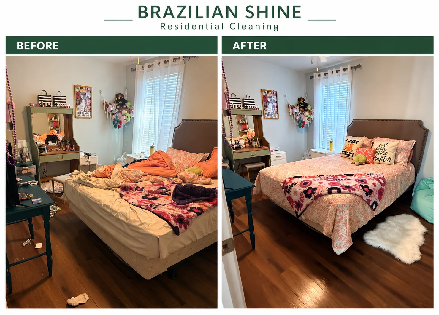 Side by side before and after bedroom organizing and cleaning