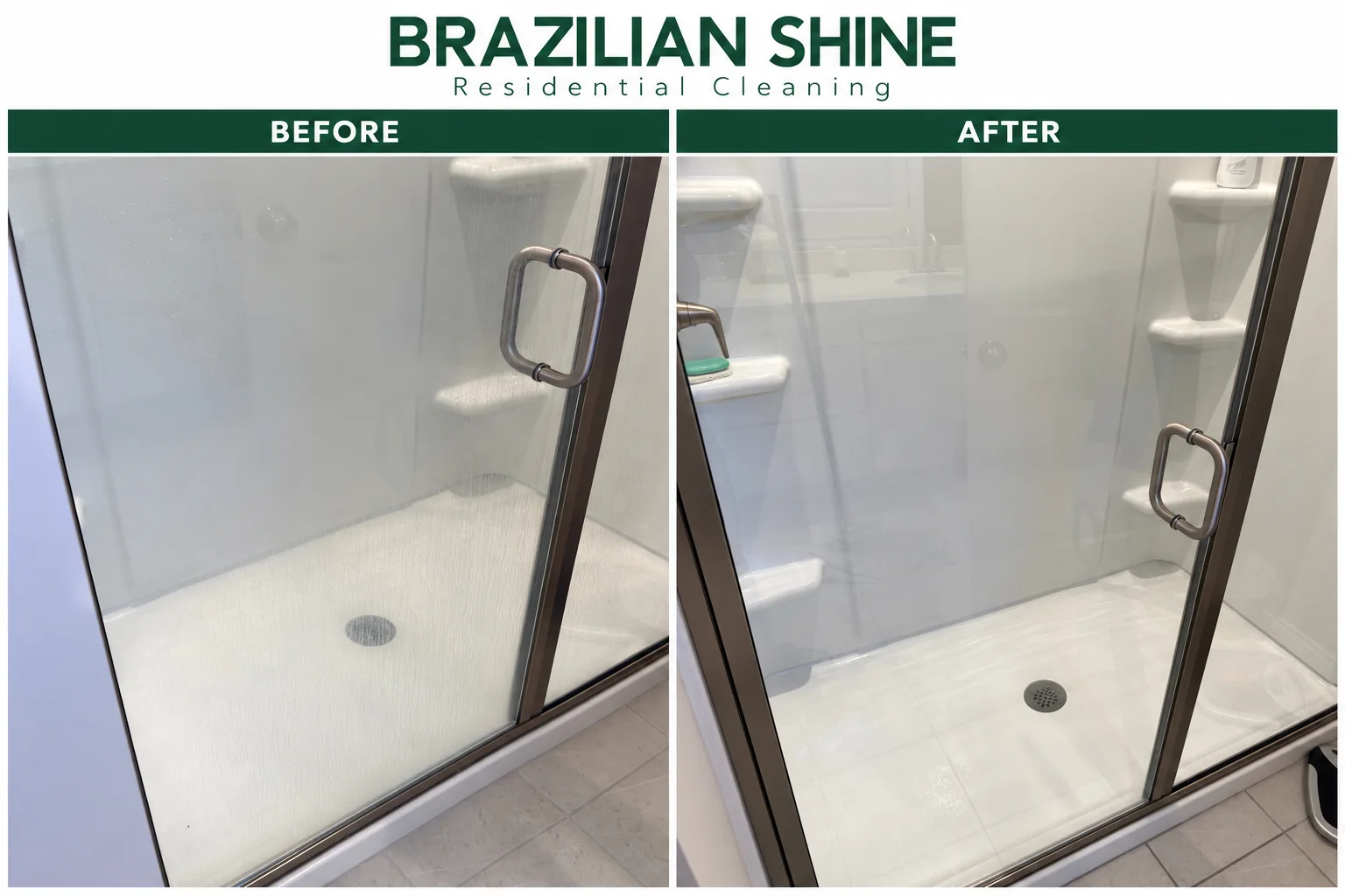 Side by side before and after glass shower cleaning